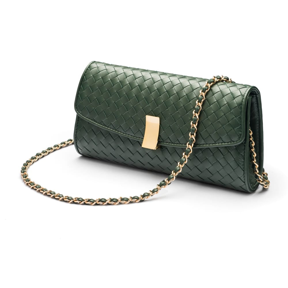 Woven leather clutch bag, green, with chain strap