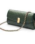 Woven leather clutch bag, green, with chain strap