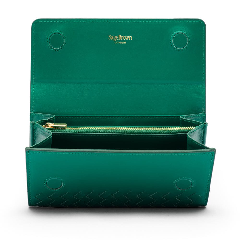 Woven leather concertina purse, green, open