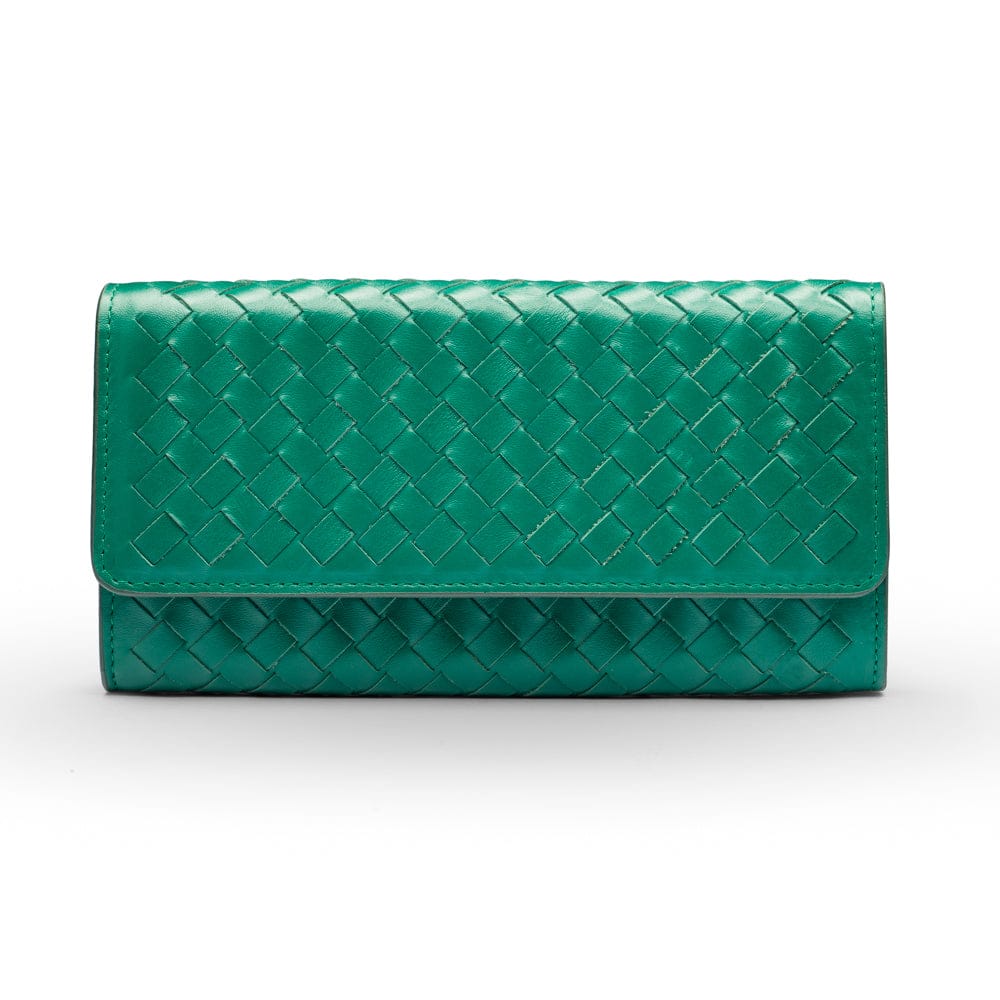 Woven leather concertina purse, green, front