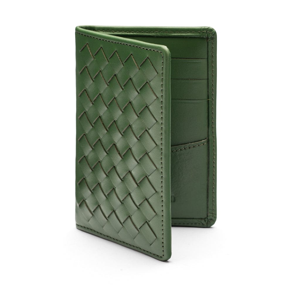 Woven leather card holder, green, open