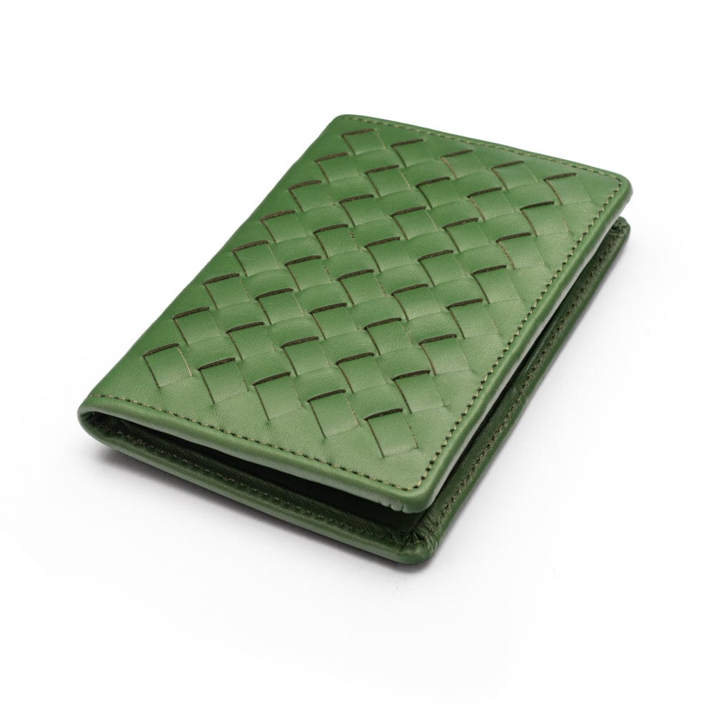 Woven leather card holder, green, front