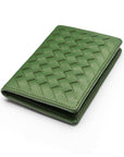 Woven leather card holder, green, front