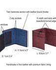 Compact leather wallet with 6 credit card slots and 2 ID windows, features and dimensions