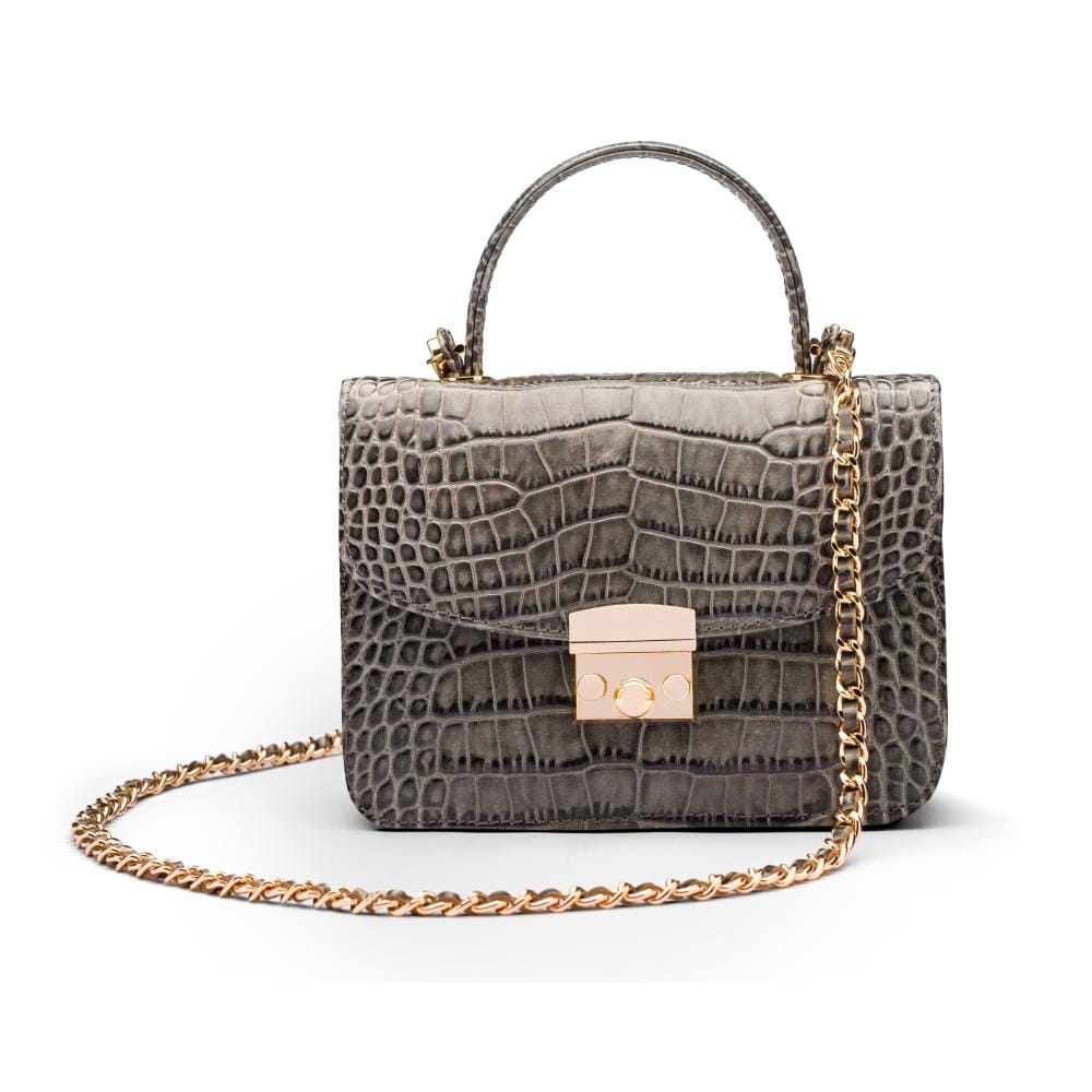 Small leather top handle bag, grey croc, with detachable chain strap