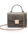 Small leather top handle bag, grey croc, with detachable chain strap