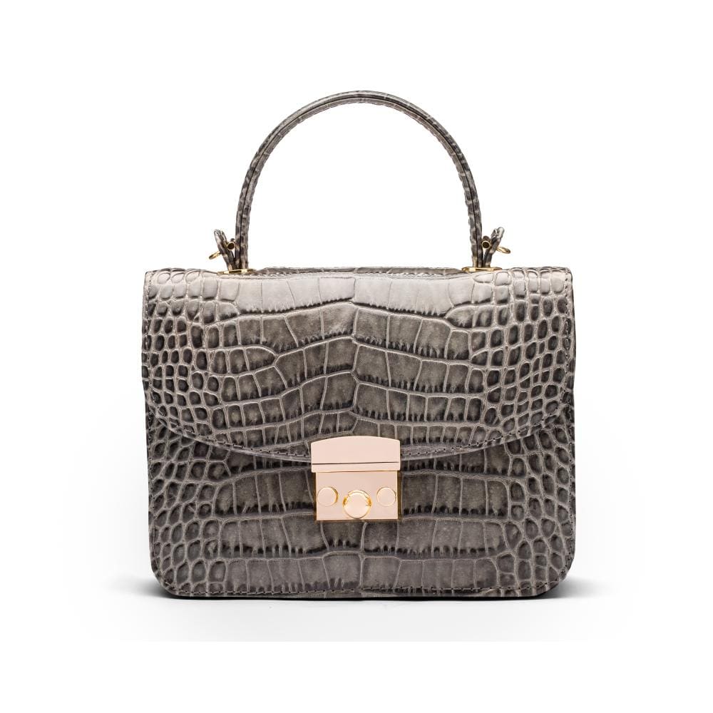 Small leather top handle bag, grey croc, front