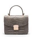 Small leather top handle bag, grey croc, front