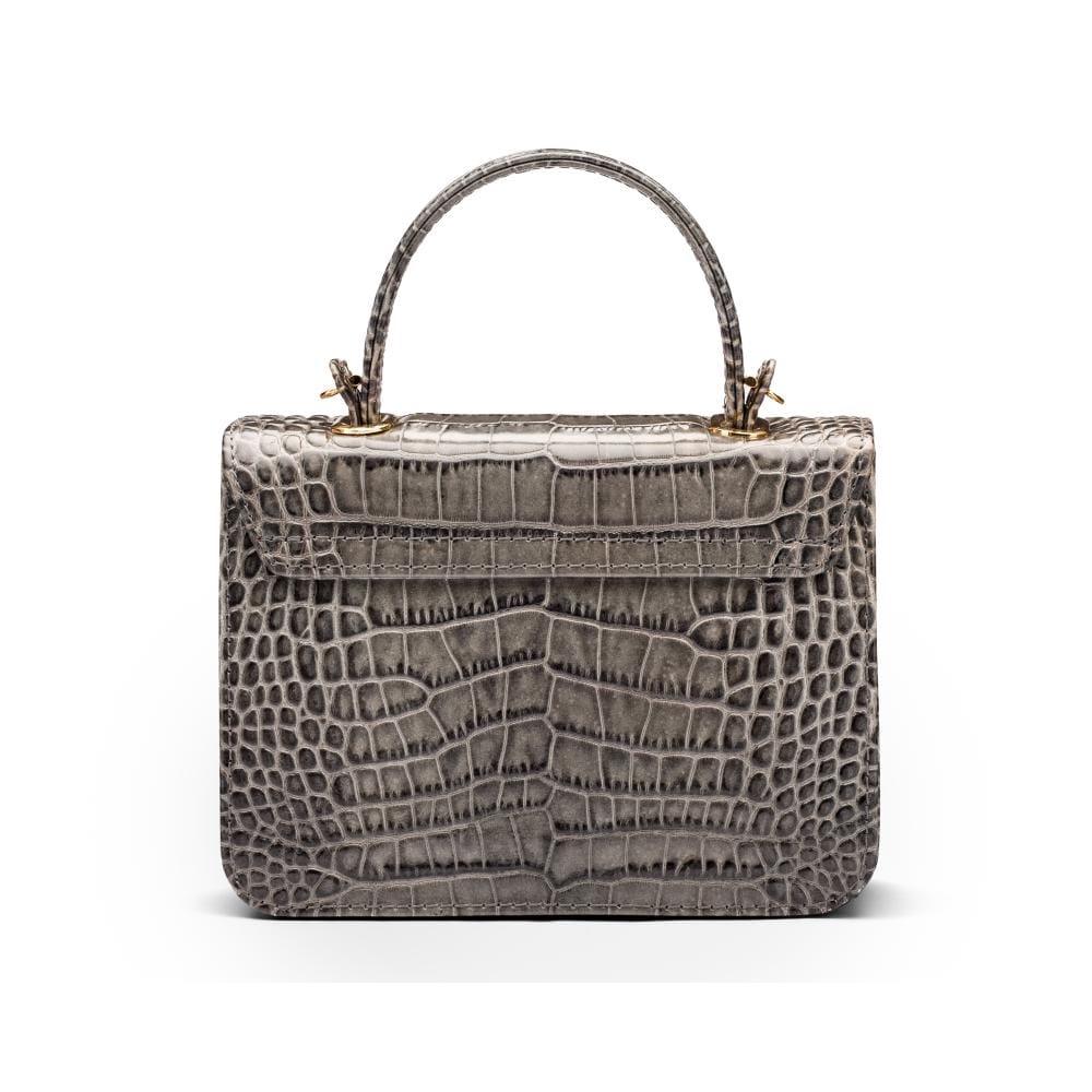 Small leather top handle bag, grey croc, back