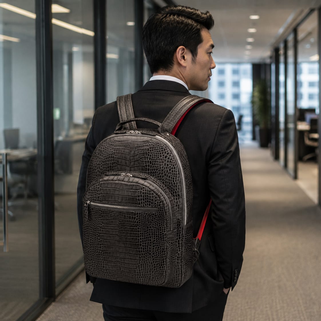 Men's leather 15" laptop backpack, grey croc-effect, on a models back