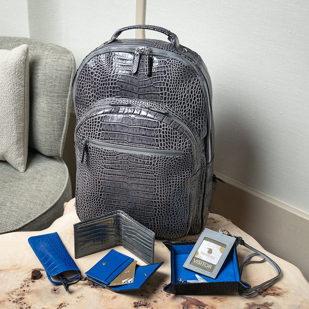 Leather backpack, grey croc, lifestyle