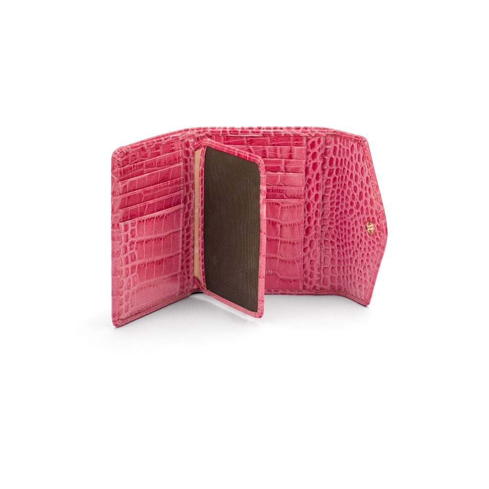 Large leather purse with 15 CC, cerise pink croc, inside