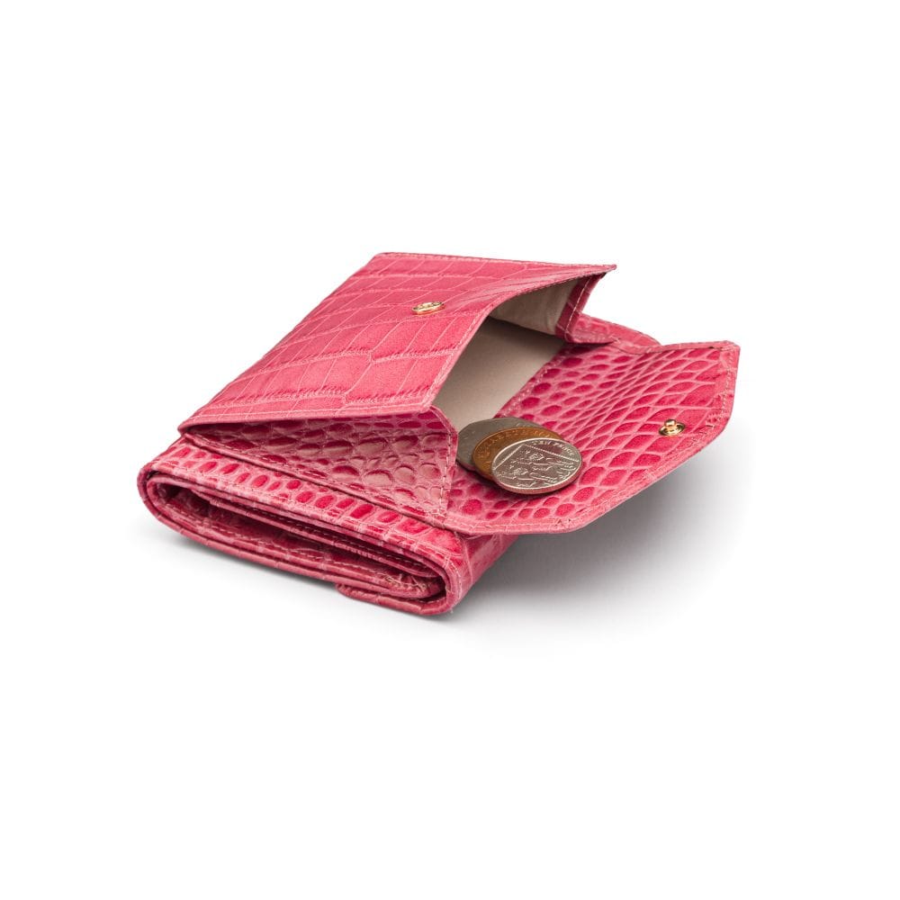 Large leather purse with 15 CC, cerise pink croc, coin purse