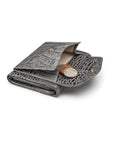 Large leather purse with 15 CC, grey croc, coin purse