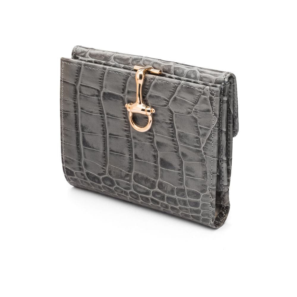 Leather purse with equestrain clasp, grey croc, front
