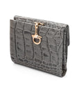 Leather purse with equestrain clasp, grey croc, front