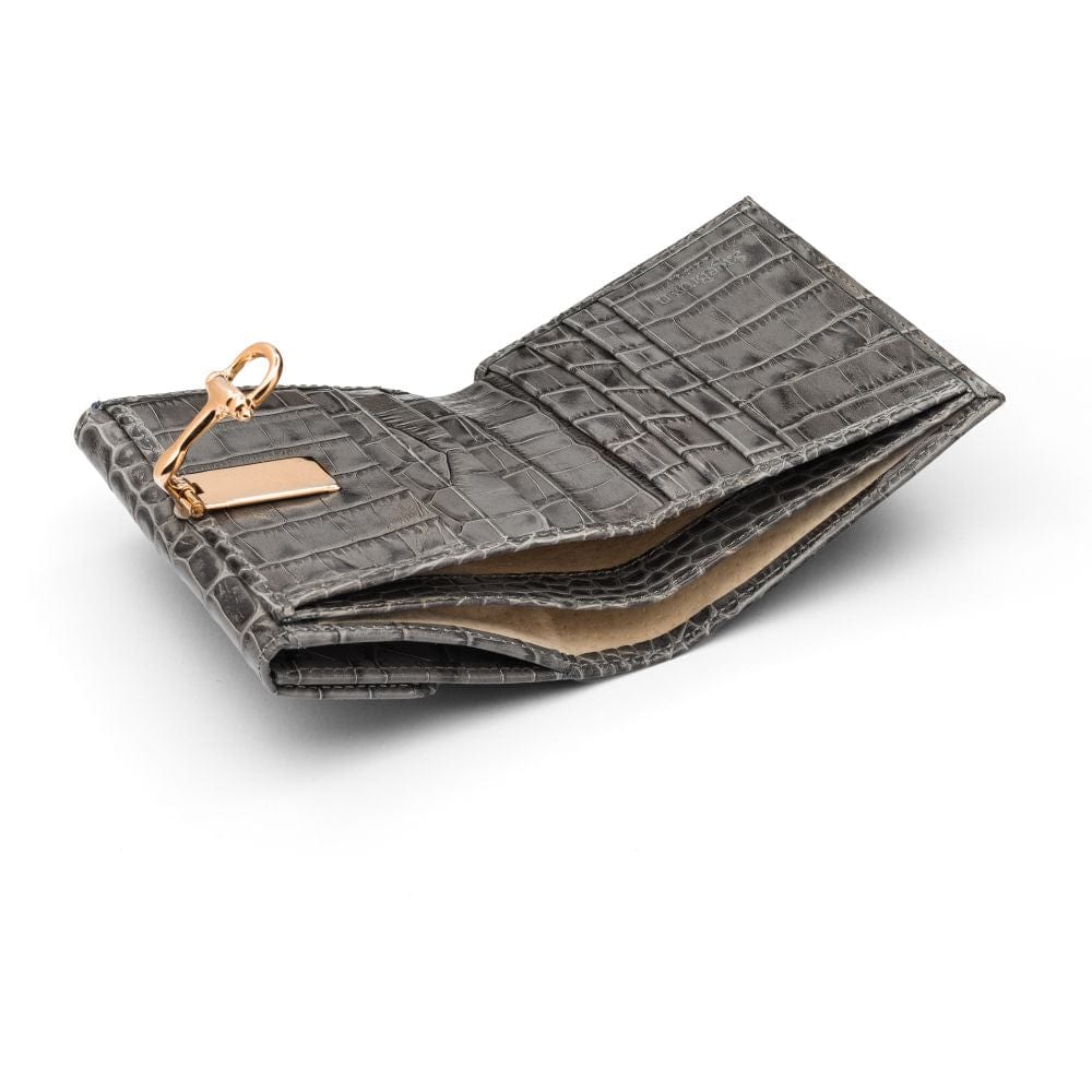 Leather purse with equestrain clasp, grey croc, inside