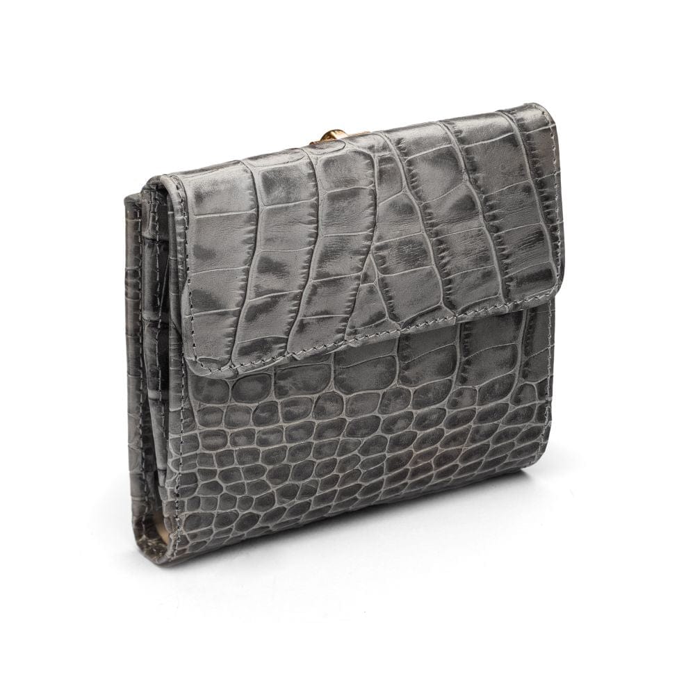 Leather purse with equestrain clasp, grey croc, back