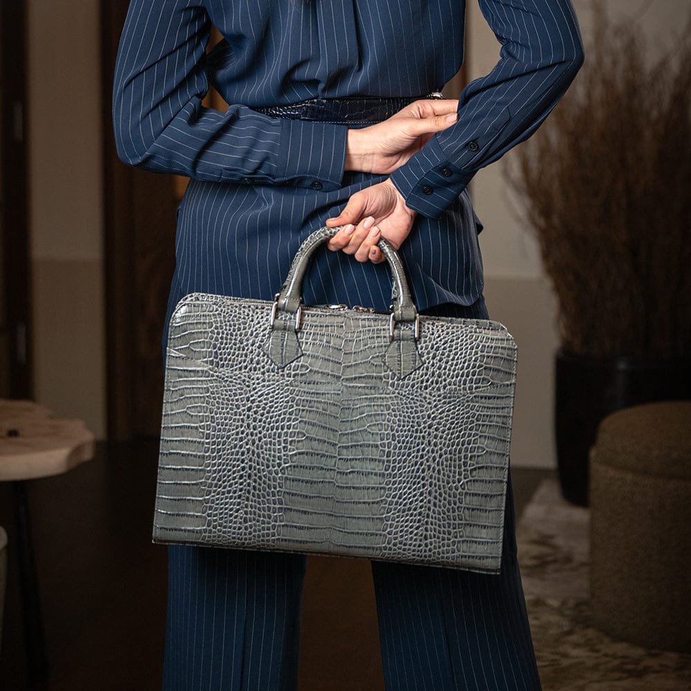 Leather Trinity 13" laptop briefcase, grey croc, lifestyle