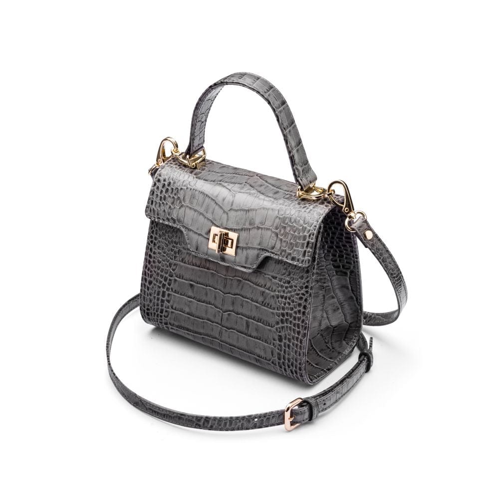 Mini leather Morgan Bag, top handle bag, grey croc, side view