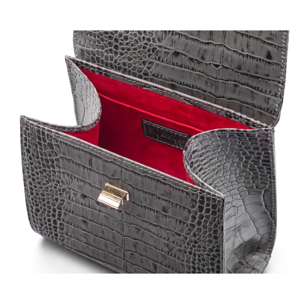 Mini leather Morgan Bag, top handle bag, grey croc, inside