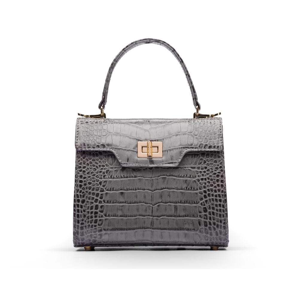 Mini leather Morgan Bag, top handle bag, grey croc, front
