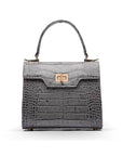 Mini leather Morgan Bag, top handle bag, grey croc, front