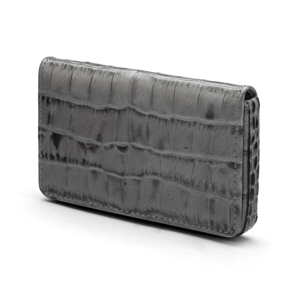 Leather business card holder with magnetic closure, grey croc, side