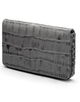 Leather business card holder with magnetic closure, grey croc, side