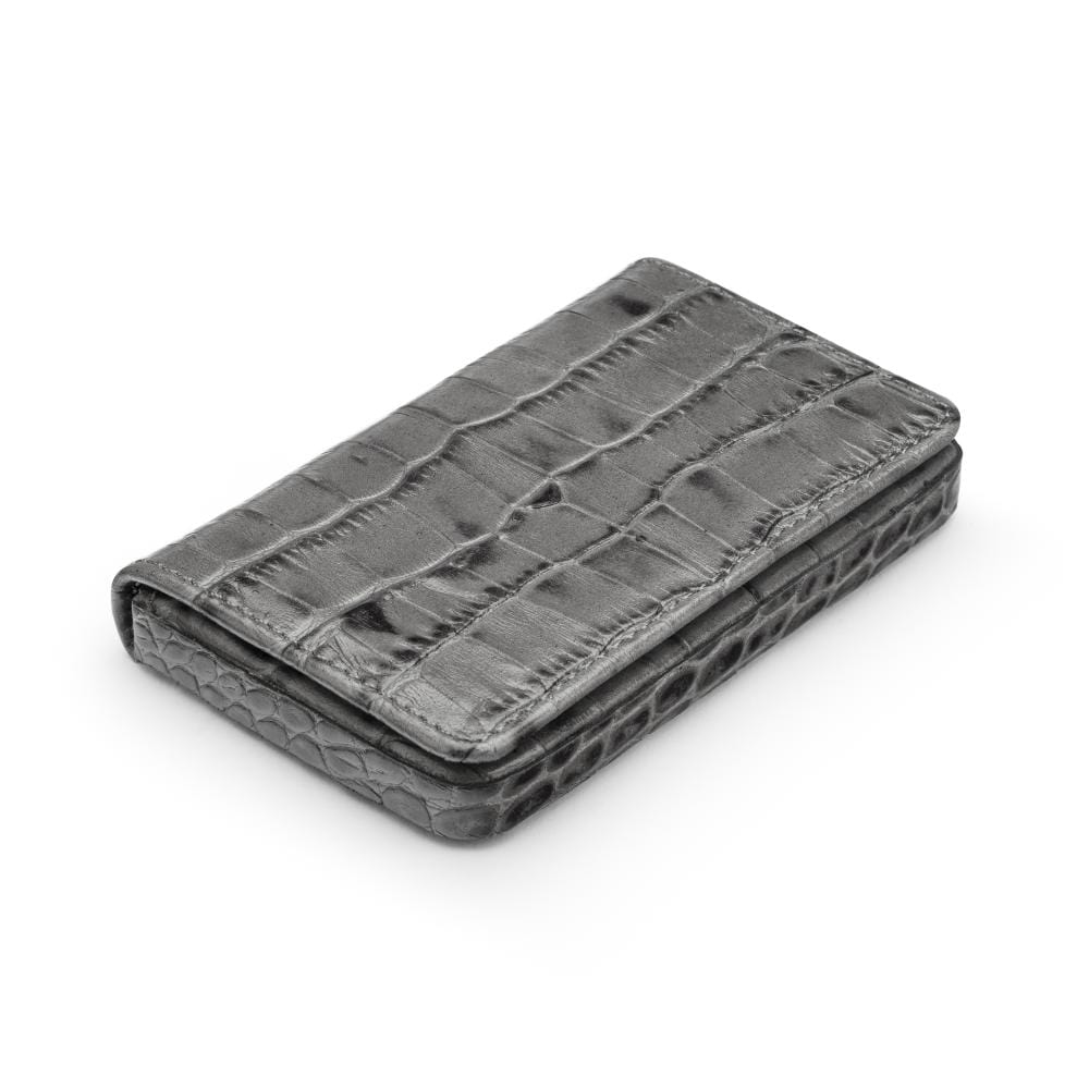 Leather business card holder with magnetic closure, grey croc, front