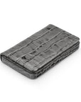 Leather business card holder with magnetic closure, grey croc, front