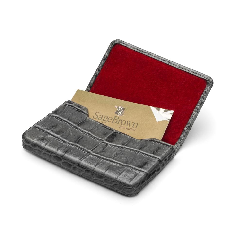 Leather business card holder with magnetic closure, grey croc, inside