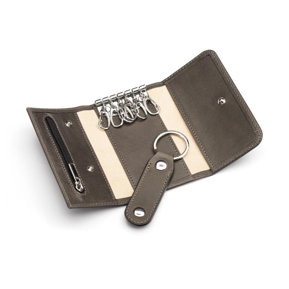 Key wallet with detachable key fob, grey, open