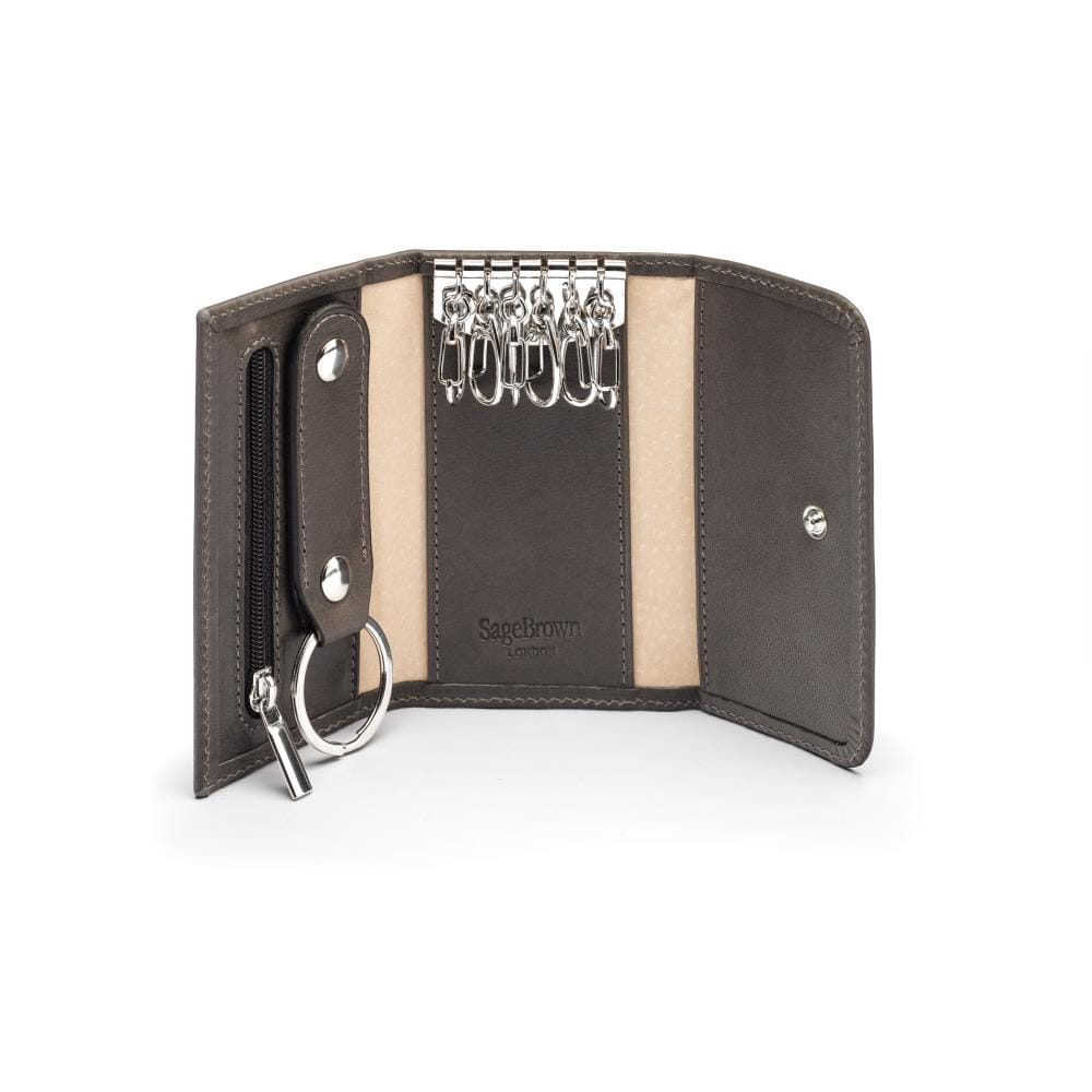 Key wallet with detachable key fob, grey, open