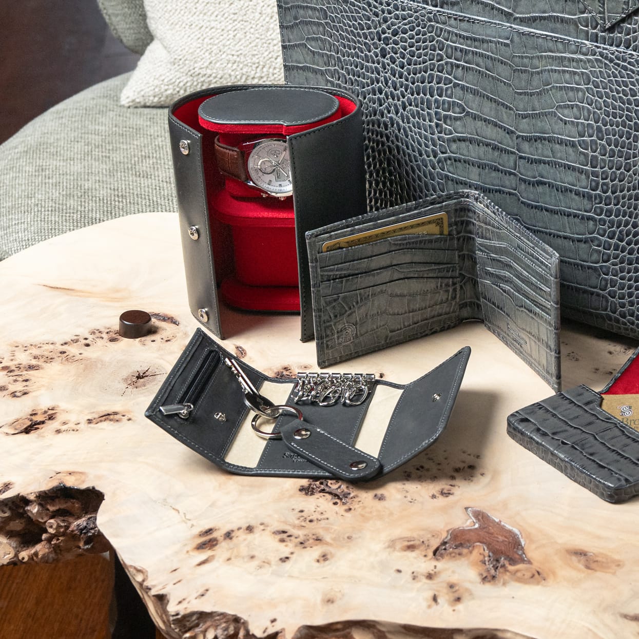 Leather Key Ring Wallet With Detachable Fob, grey, lifestyle