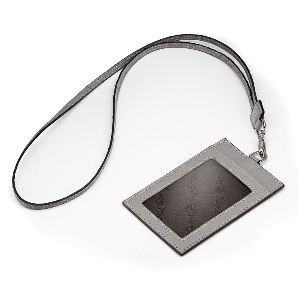 Leather lanyard ID card holder, grey, with strap