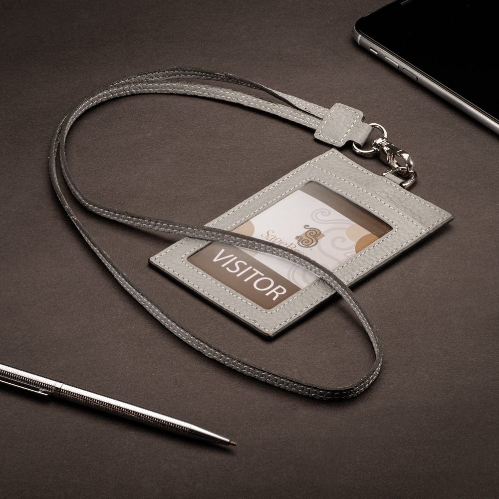 Leather lanyard ID card holder, grey, lifestyle