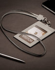 Leather lanyard ID card holder, grey, lifestyle