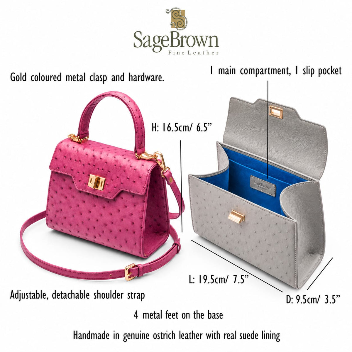 Ostrich leather mini Morgan bag, features and dimensions