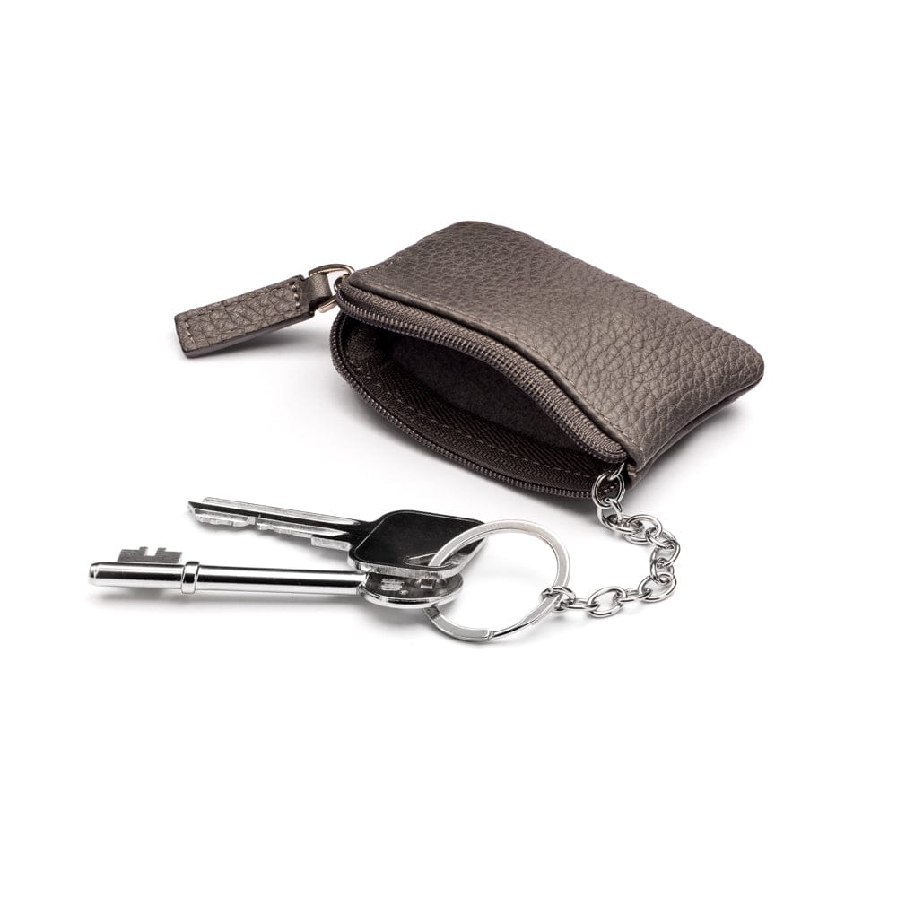 Miniature leather coin purse with key chain, grey, inside