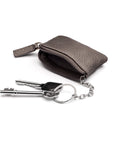 Miniature leather coin purse with key chain, grey, inside