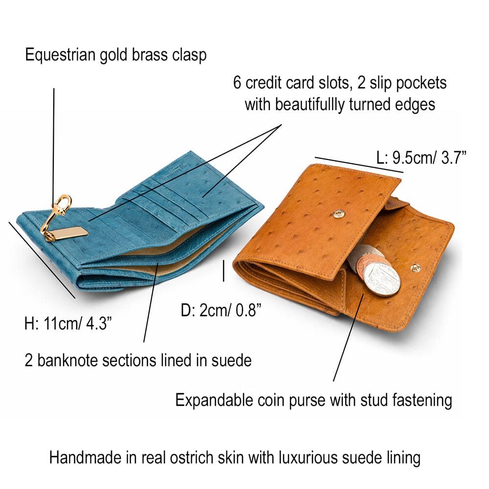 Real ostrich leather coin purse, features and dimensions