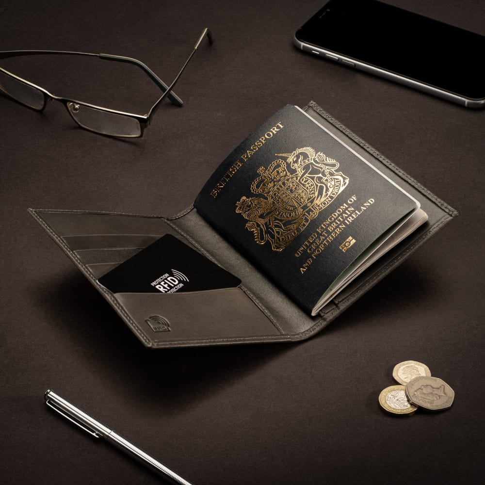 RFID Leather Passport Holder, Grey, lifestyle