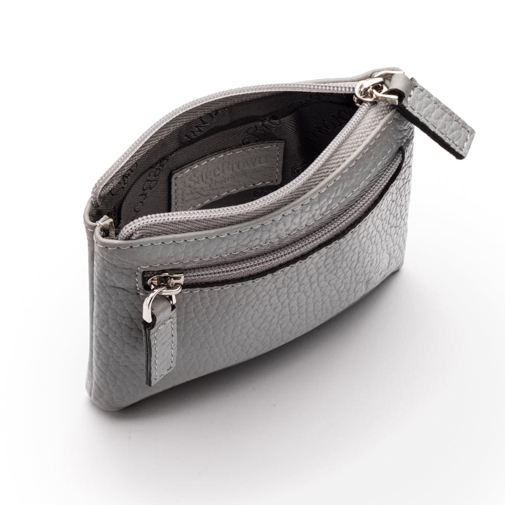 RFID Small leather zip coin pouch, grey pebble grain, open