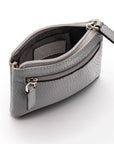 RFID Small leather zip coin pouch, grey pebble grain, open