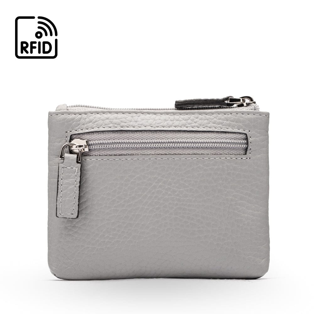 RFID Small leather zip coin pouch, grey pebble grain, front view