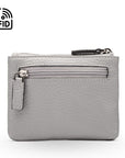 RFID Small leather zip coin pouch, grey pebble grain, front view