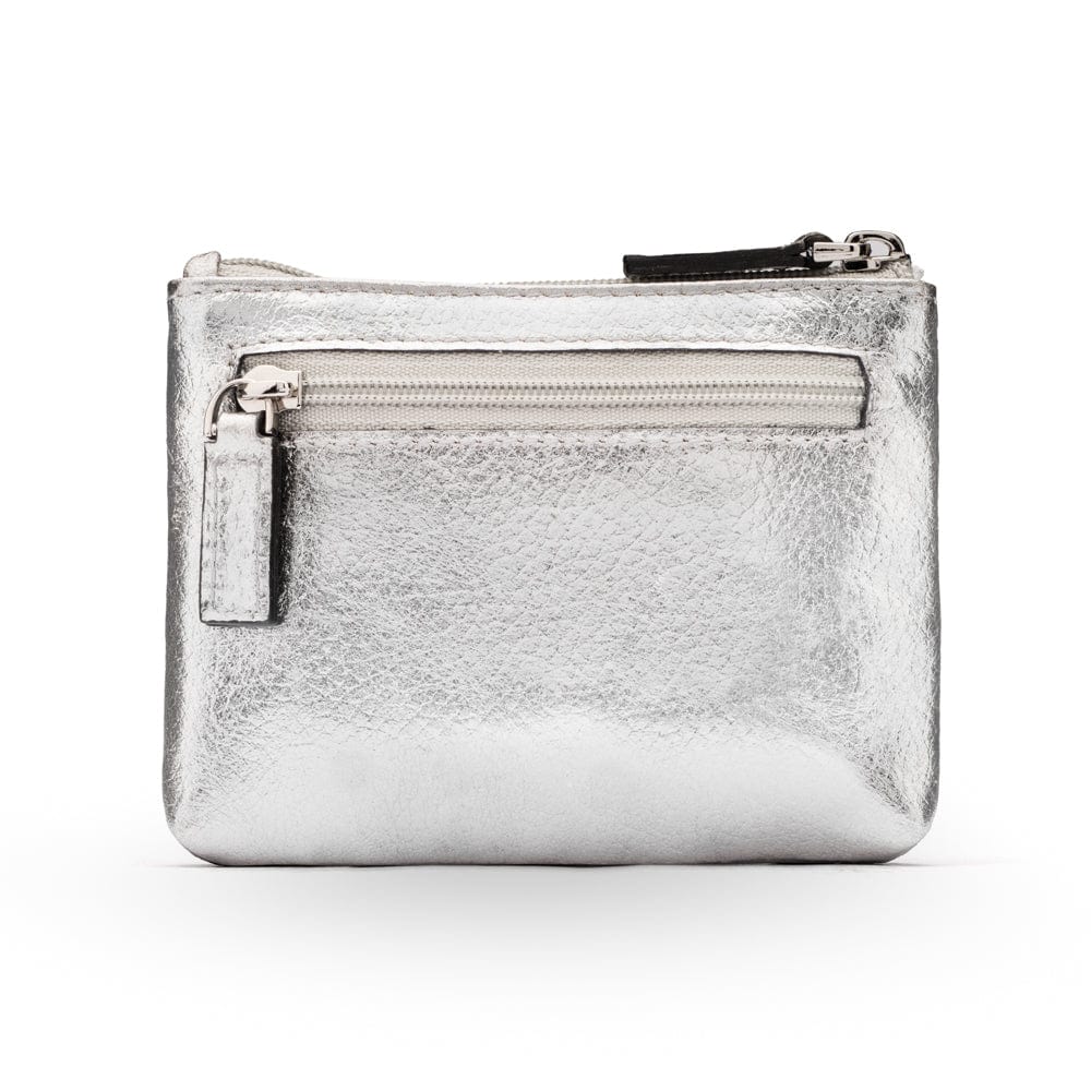 RFID Small leather zip coin pouch, silver pebble grain, front