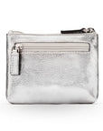 RFID Small leather zip coin pouch, silver pebble grain, front