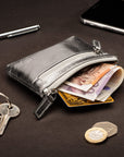 RFID Small leather zip coin pouch, silver pebble grain, lifestyle